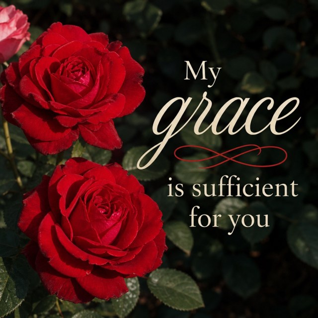 Two deep red roses in full bloom surrounded by green leaves, with the words “My grace is sufficient for you” written in elegant script, symbolizing God’s sustaining love and beauty.